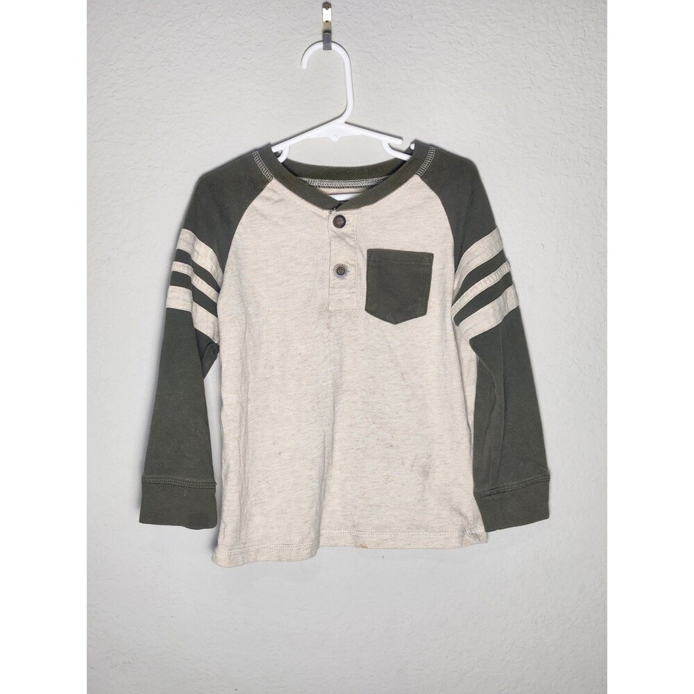Garanimals Boys 5T Beige Green Long Sleeve Henley T-Shirt Striped Pocket